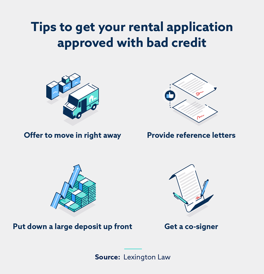 Tips for renting apartments with bad credit: Move in sooner, reference letters, large deposit, cosigner.