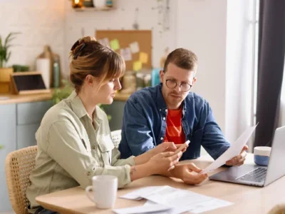 Husband and wife at their kitchen table looking at their credit reports.