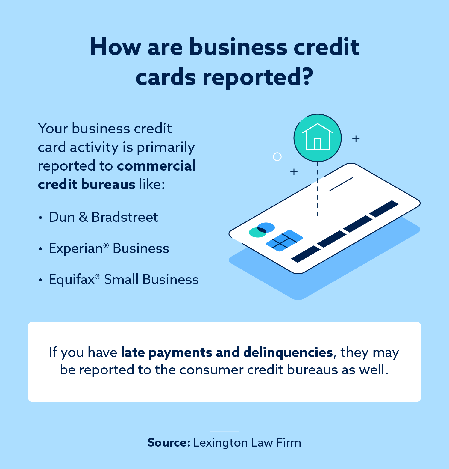 The three main commercial credit bureaus are Dun & Bradstreet, Experian Business and Equifax Small Business.