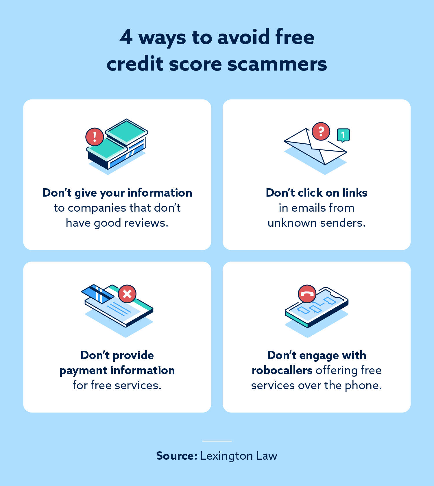 Graphic with four tips to avoid free credit score scams.